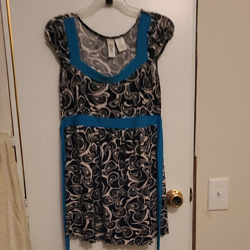Black and Blue Swirl Dress 1990s Tie Back Babydoll Style